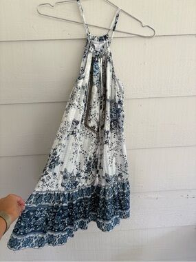 MIRA Women’s Small Blue White Floral Halter Dress Boho Beaded Cotton Mini